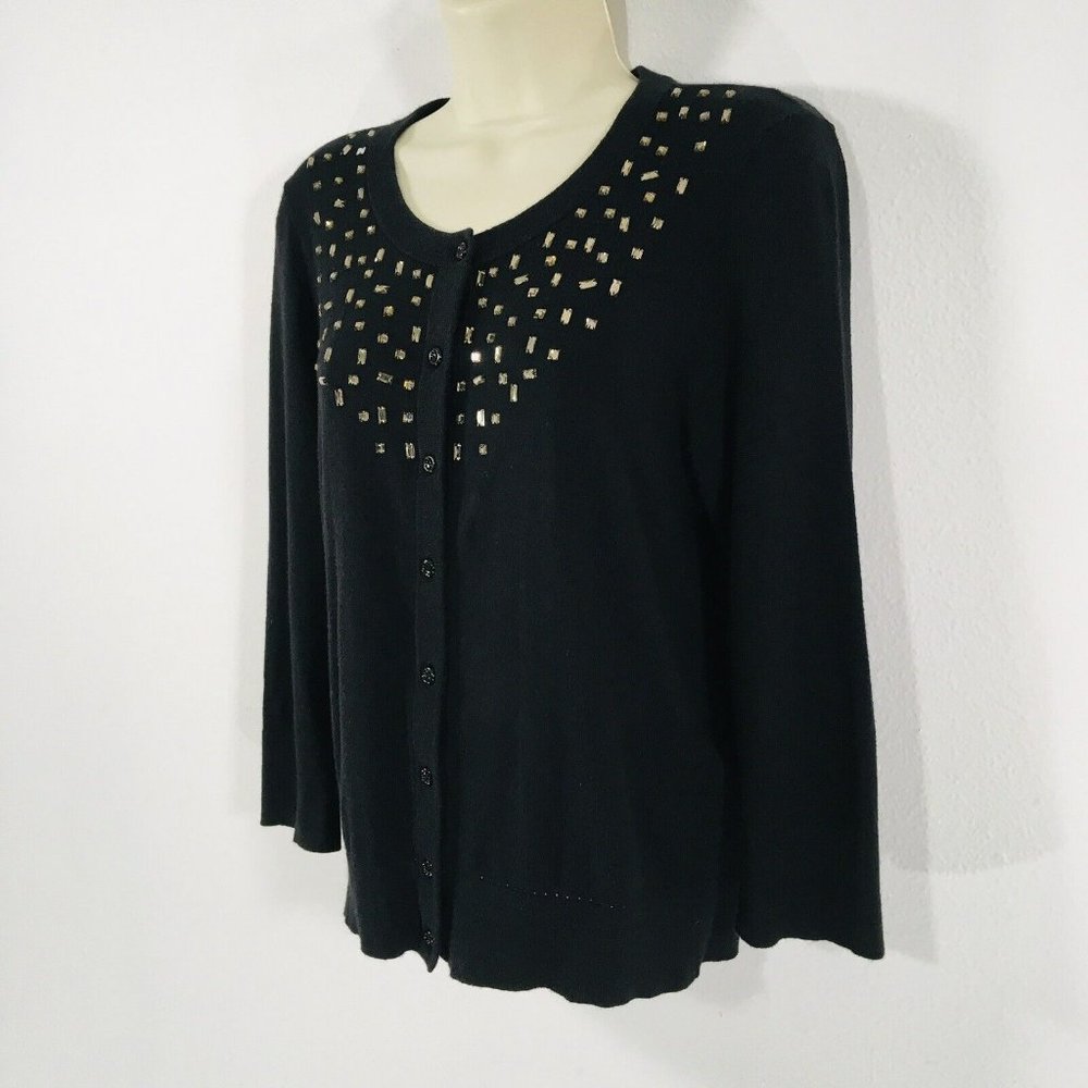 Kate Spade NY Womens Sz M Tokyo Grid Cashmere Blend Black Cardigan Amber Jewels